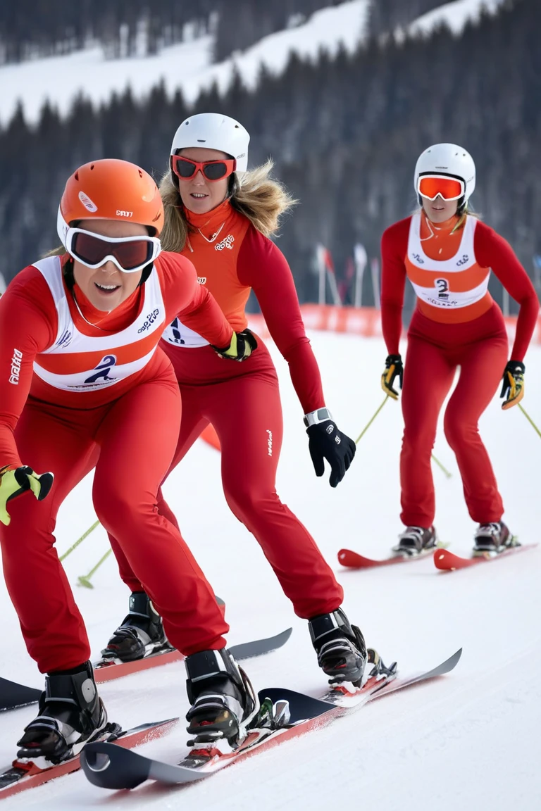 female skiers skiing in a sprint ski competition, covered gigantic breasts, braless