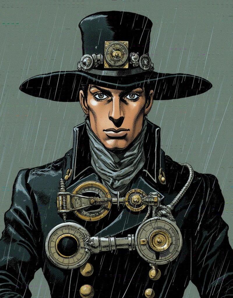 In a strikingly intricate traditional art style reminiscent of Hirohiko Araki, 
Portrait of a stoic frontier tracker in 1890s America: Tall figure wearing a distinctive high-collared black coat with silver weather measurement devices and wind gauges integrated into the fabric. Face half-hidden by a wide-brimmed hat with rain measuring instruments. Pale grey eyes that reflect approaching storms. Multiple leather straps across chest holding scientific tools and brass navigation equipment. Period-accurate details with unique meteorological instruments. Natural stormy lighting with rain-soaked textures