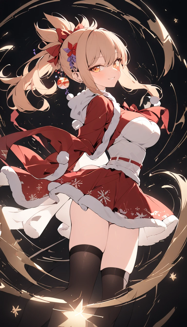 a woman wearing a santa claus costume, christmas dress, red dress, santa claus hat, thigh high black stockings, seductive smile ,best quality,4k,christmas,festive,holiday,winter,warm,cozy,magical,whimsical,joyful,vibrant colors,glowing lights,cinematic lighting,solo, big breasts, dynamic angle, cleavage ,mature female,yoimiya, bangs, blonde hair, hair ornament, hair between eyes, ponytail, sidelocks, orange eyes, light brown hair, full body shot, (negative_v2 Color_Balance_Calibration:0.8), unaestheticXL_cbp62 , negativeXL_D, aidxlv05_neg, dynamic pose
