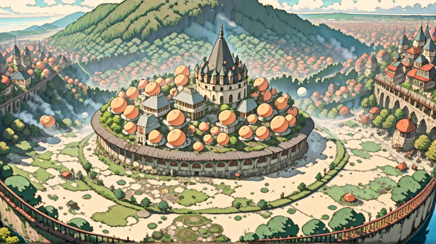 ( masterpiece ,  Ultra-detailed,  top quality), ( cartoonish illustrations reminiscent of Hayao Miyazaki,  2D Japanese animation , shadows:1.3),  distant night view from above , (Huge peach moons :1.8), ( immense medieval European citadel :1.3).