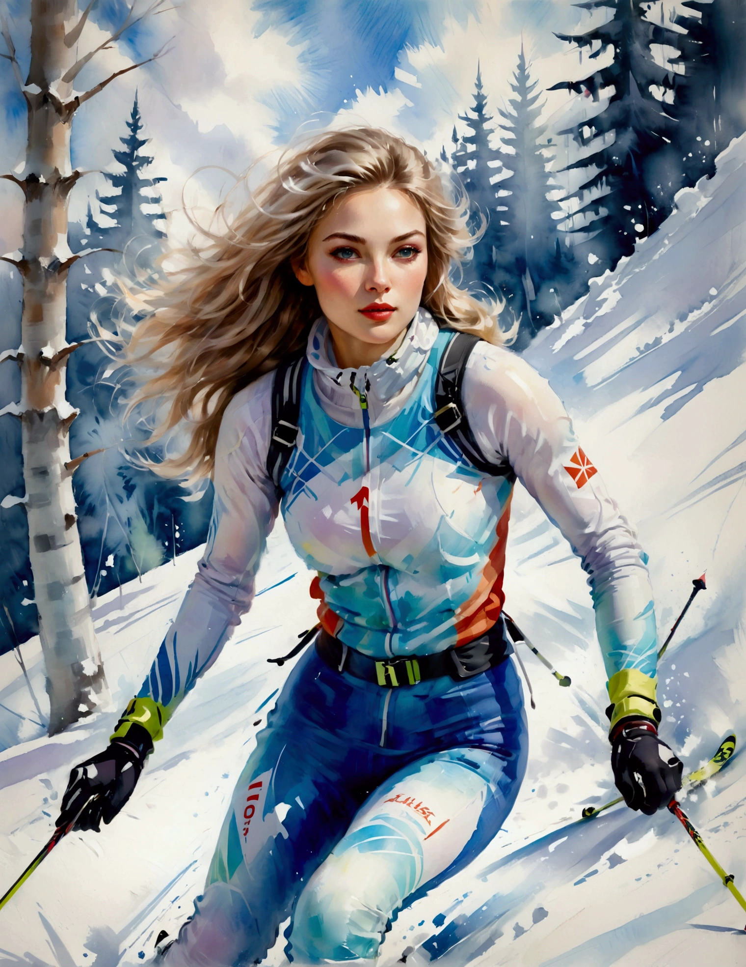 Female model in ski sprint, Horizontal fringe hair, super cute. Skisprint advertisement, Dynamic Motion, high-end fashion illustration, magazine illustration, watercolor illustration style, Women's ski sprint, Motion Blur, Iridescent pastel tones, (tachisme), beauty, Majestic snowy, Undulating, Hilly, fir branches and ornaments, colorful illustration, feminine expression, fashion illustration, created by an illustrator. "13 Jours en France", White Russian Girl, oil and watercolor painting. figurative art