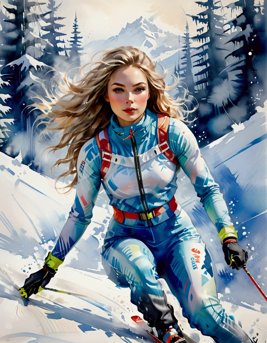 Female model in ski sprint, Horizontal fringe hair, super cute. Skisprint advertisement, Dynamic Motion, high-end fashion illustration, magazine illustration, watercolor illustration style, Women's ski sprint, Motion Blur, Iridescent pastel tones, (tachisme), beauty, Majestic snowy, Undulating, Hilly, fir branches and ornaments, colorful illustration, feminine expression, fashion illustration, created by an illustrator. "13 Jours en France", White Russian Girl, oil and watercolor painting. figurative art