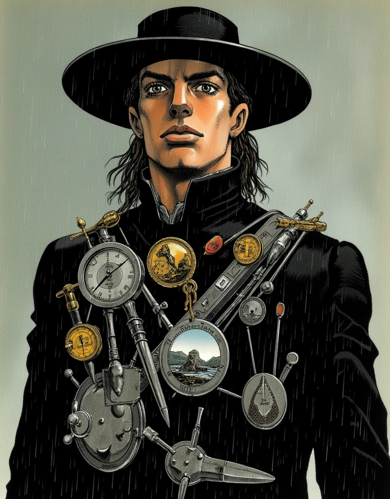 In a strikingly intricate traditional art style reminiscent of Hirohiko Araki, 
Portrait of a stoic frontier tracker in 1890s America: Tall figure wearing a distinctive high-collared black coat with silver weather measurement devices and wind gauges integrated into the fabric. Face half-hidden by a wide-brimmed hat with rain measuring instruments. Pale grey eyes that reflect approaching storms. Multiple leather straps across chest holding scientific tools and brass navigation equipment. Period-accurate details with unique meteorological instruments. Natural stormy lighting with rain-soaked textures