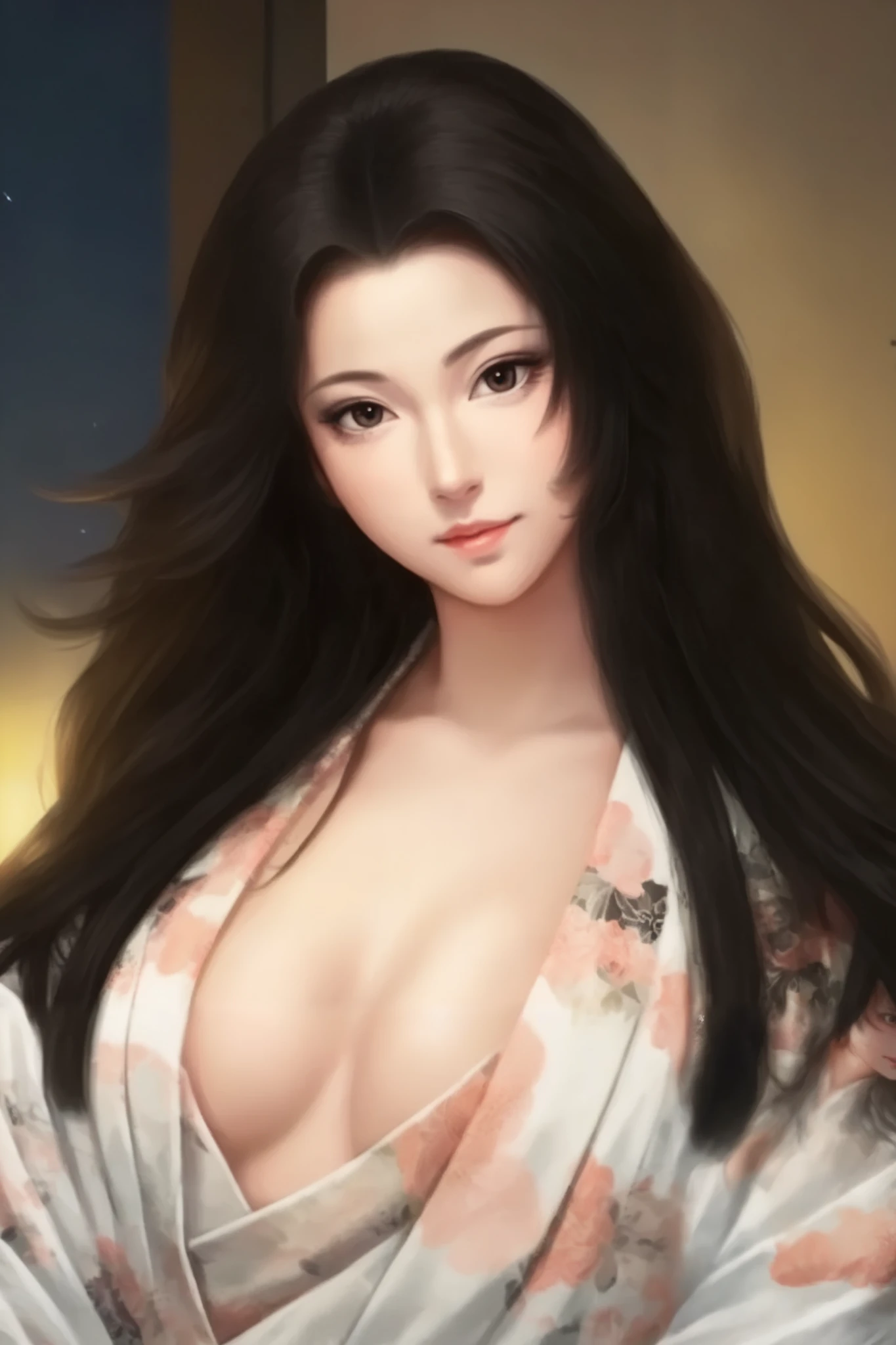   beautiful woman、 old style Japanese-style room at night 、   upper body only、The light in your eyes、 curly eyes  、Two-dimensional elements  、Glamorous face 、 fun face、  black wave long hair 、  big eyes、  low angle、 Big Breasts 、Wear a thin white kimono、  Beautiful breasts 、 attractive breasts、 open chest 、  upstyle hair 