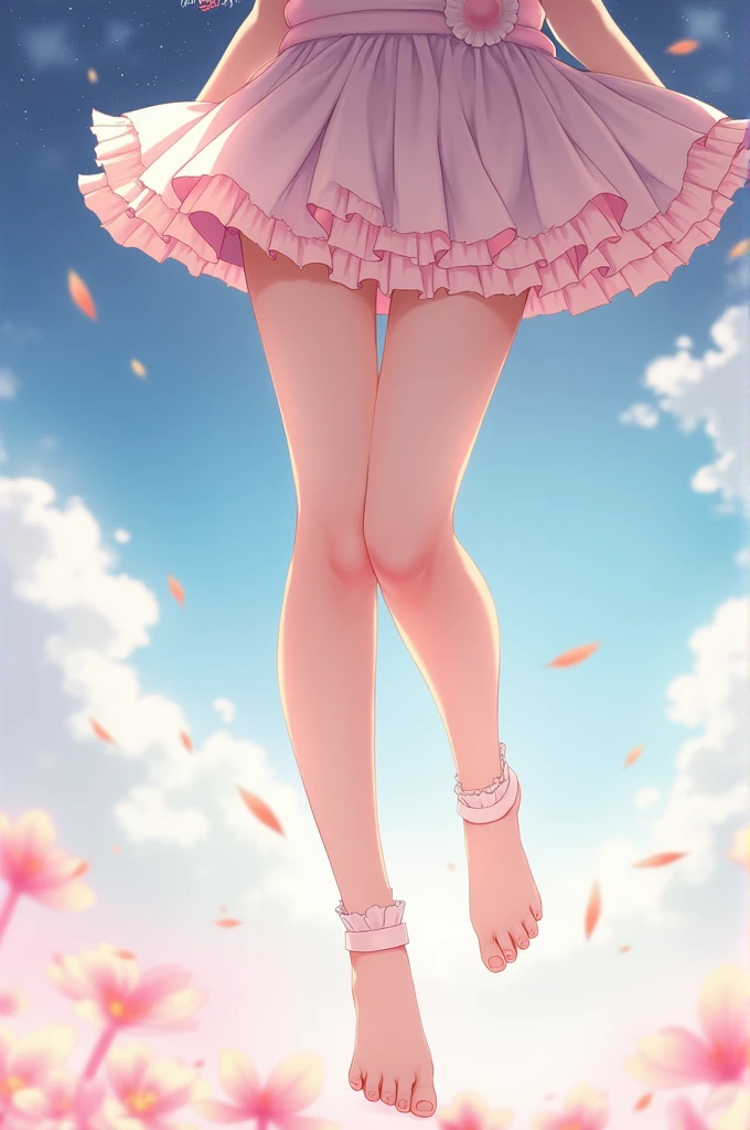 Anime girl in a ballet costume, camera from low angle, camera looking up from below the tutu, exposed crotch, spread out legs, looking at crotch or groin from below, looking at exposed thighs, one leg raised high, skirt blown up, underwear close up, pubis mons, groins on display.