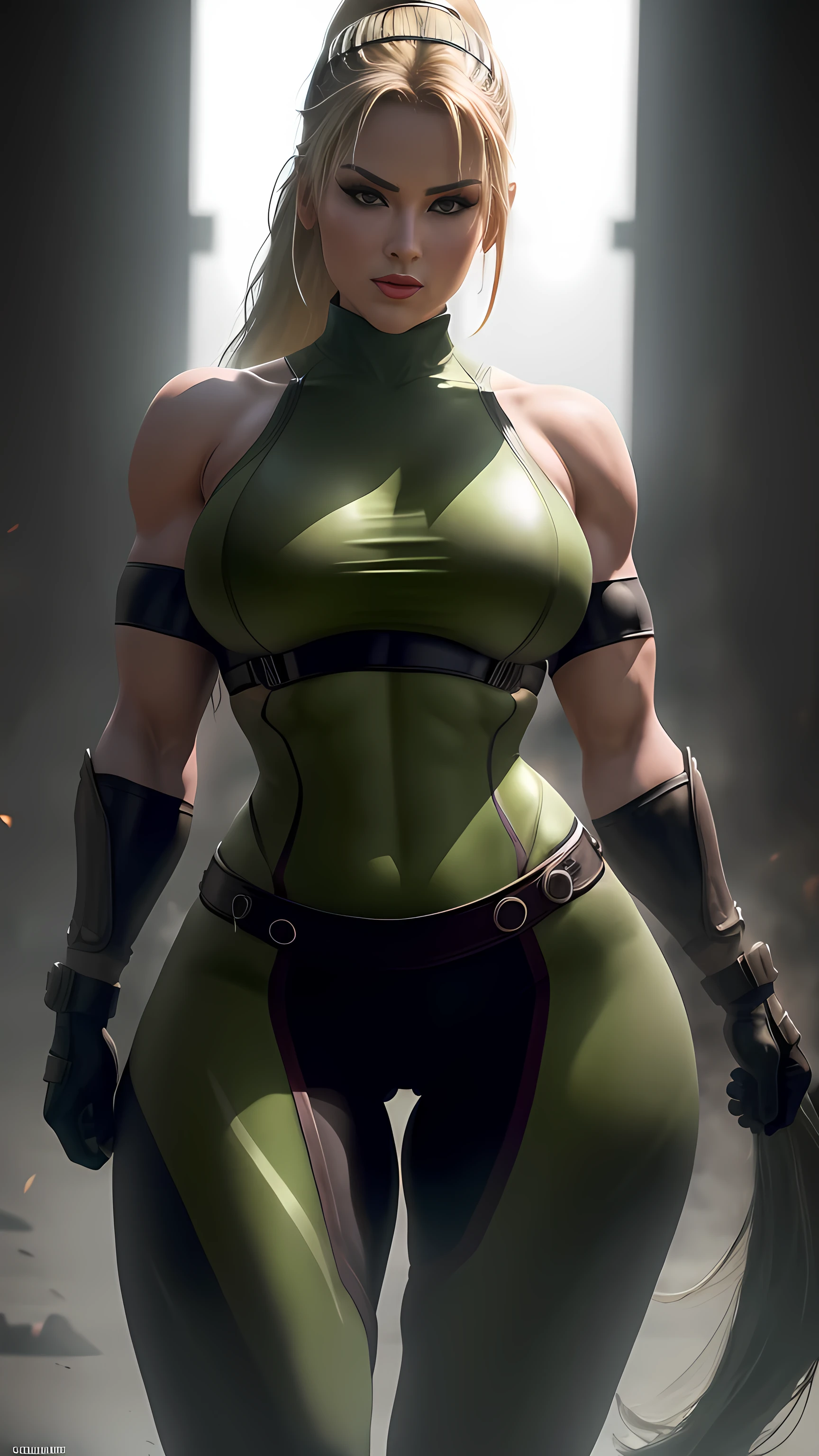 Sonya Blade from Mortal Kombat, red lingerie, full body, dynamic background, big breasts, cameltoe, with beautiful detailed eyes, lips, and face. (best quality,4k,8k,highres,masterpiece:1.2), ultra-detailed, (realistic,photorealistic,photo-realistic:1.37), HDR, UHD, studio lighting. The colors should be vibrant and intense, with a slight greenish tone to represent the iconic Mortal Kombat aesthetic. The lighting should emphasize her features, casting strong and dramatic shadows on her face.