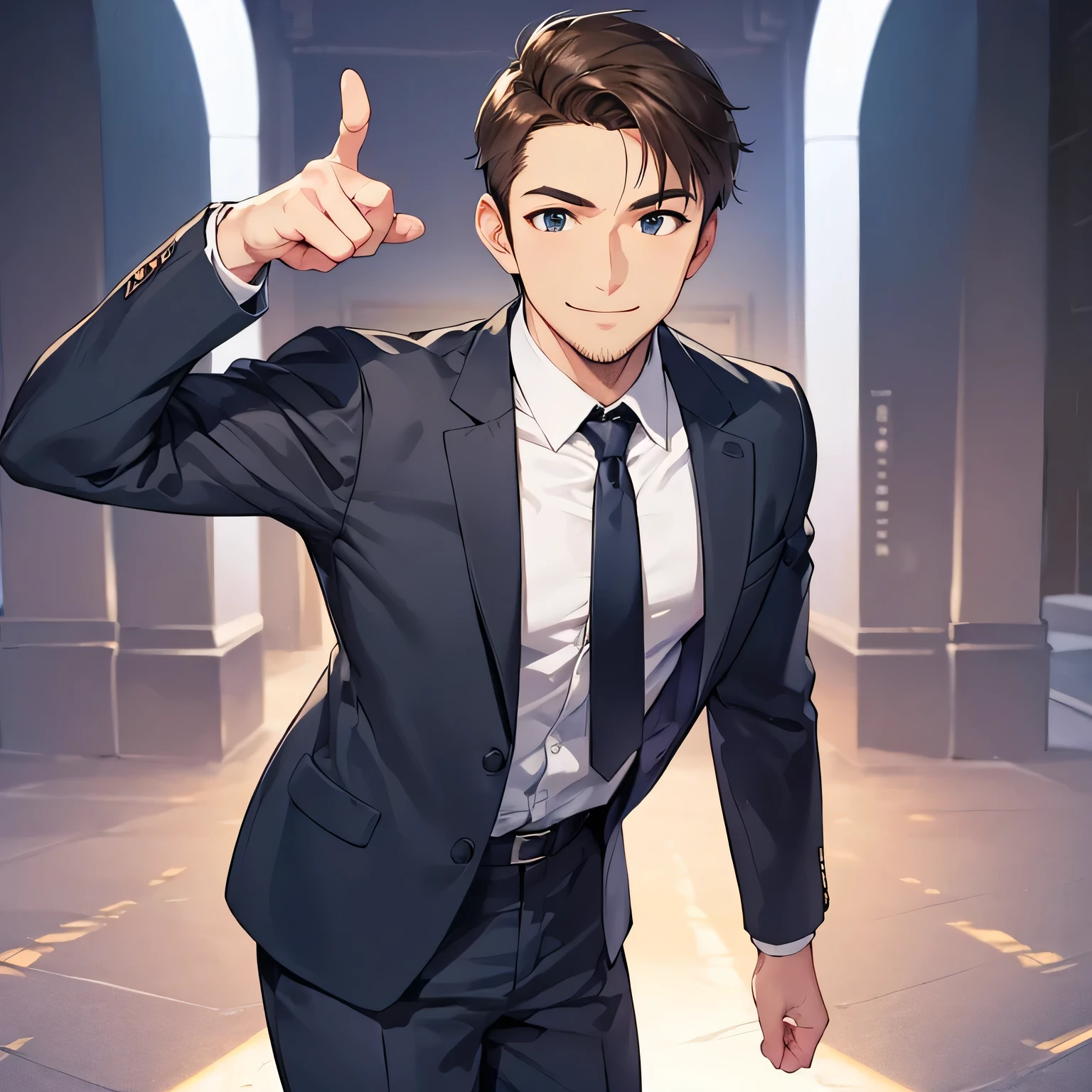 Best Shot, Best Quality, 1080p, 8K, Masterpiece, First Class, (Perfect Face), (Male Only), 30 Years, Excellent, Handsome, Japanese, Kind Smile, Round Chin, Dark Brown Short Hair, Gentleman, Standing, (No Beard), Fresh Smile, Dark Blue Business Suit, Gray Tie, Straight Left Arm, Pointing, Pose