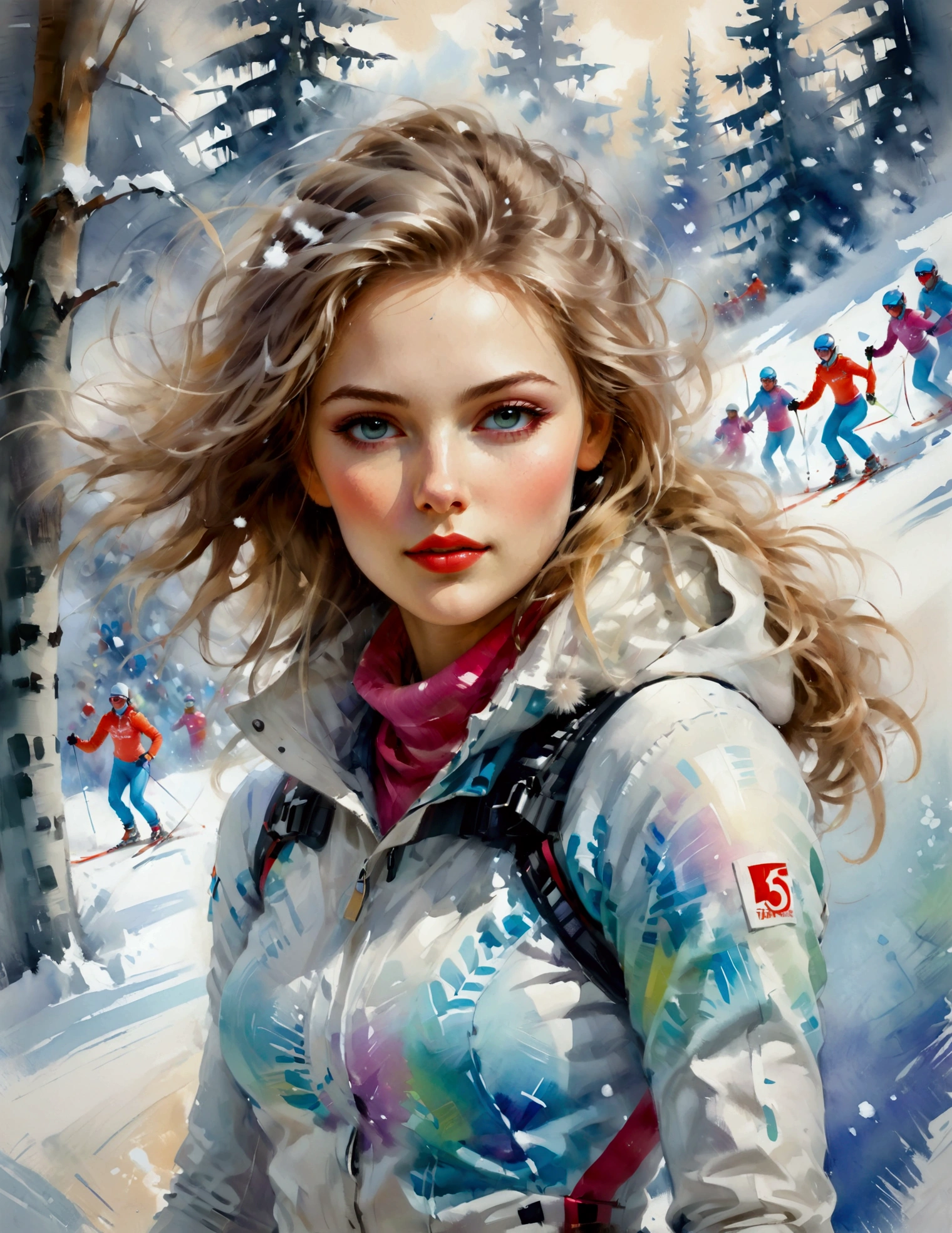 Female model in ski sprint, Horizontal fringe hair, super cute. Skisprint advertisement, Dynamic Motion, high-end fashion illustration, magazine illustration, watercolor illustration style, Women's ski sprint, Motion Blur, Iridescent pastel tones, (tachisme), beauty, Majestic snowy, Undulating, Hilly, fir branches and ornaments, colorful illustration, feminine expression, fashion illustration, created by an illustrator. "13 Jours en France", White Russian Girl, oil and watercolor painting. figurative art, Willem Haenraets Style