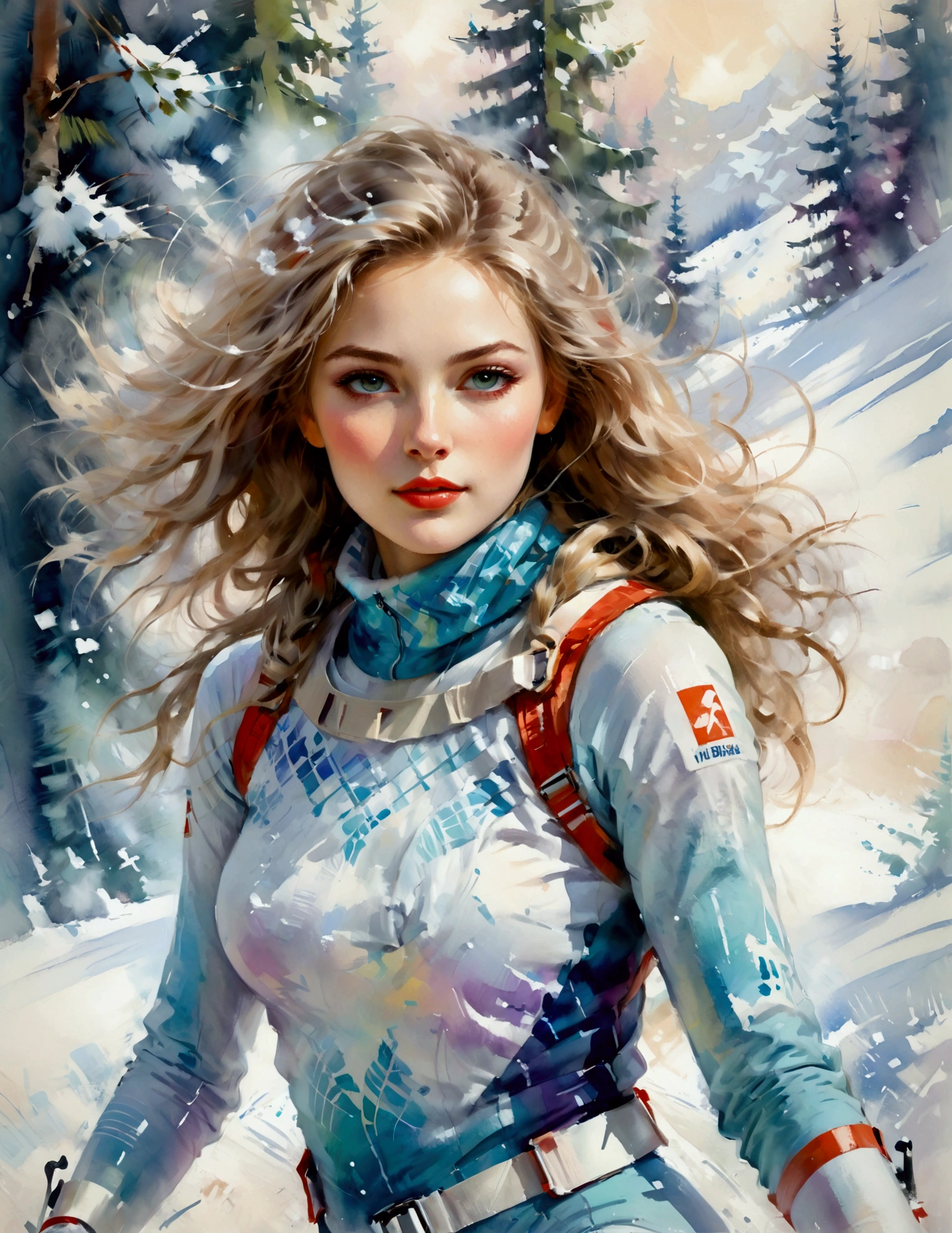 Female model in ski sprint, Horizontal fringe hair, super cute. Skisprint advertisement, Dynamic Motion, high-end fashion illustration, magazine illustration, watercolor illustration style, Women's ski sprint, Motion Blur, Iridescent pastel tones, (tachisme), beauty, Majestic snowy, Undulating, Hilly, fir branches and ornaments, colorful illustration, feminine expression, fashion illustration, created by an illustrator. "13 Jours en France", White Russian Girl, oil and watercolor painting. figurative art, Willem Haenraets Style