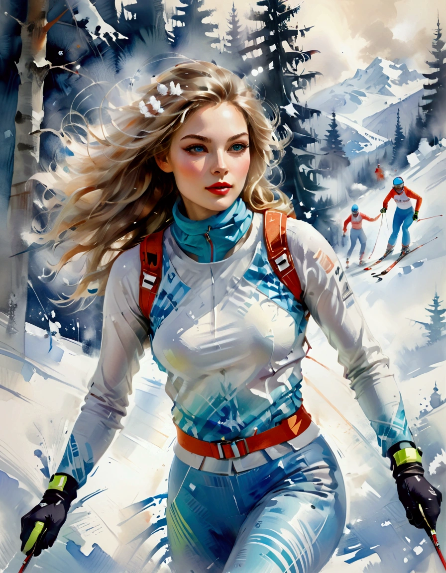 Female model in ski sprint, Horizontal fringe hair, super cute. Skisprint advertisement, Dynamic Motion, high-end fashion illustration, magazine illustration, watercolor illustration style, Women's ski sprint, Motion Blur, Iridescent pastel tones, (tachisme), beauty, Majestic snowy, Undulating, Hilly, fir branches and ornaments, colorful illustration, feminine expression, fashion illustration, created by an illustrator. "13 Jours en France", White Russian Girl, oil and watercolor painting. figurative art, Willem Haenraets Style