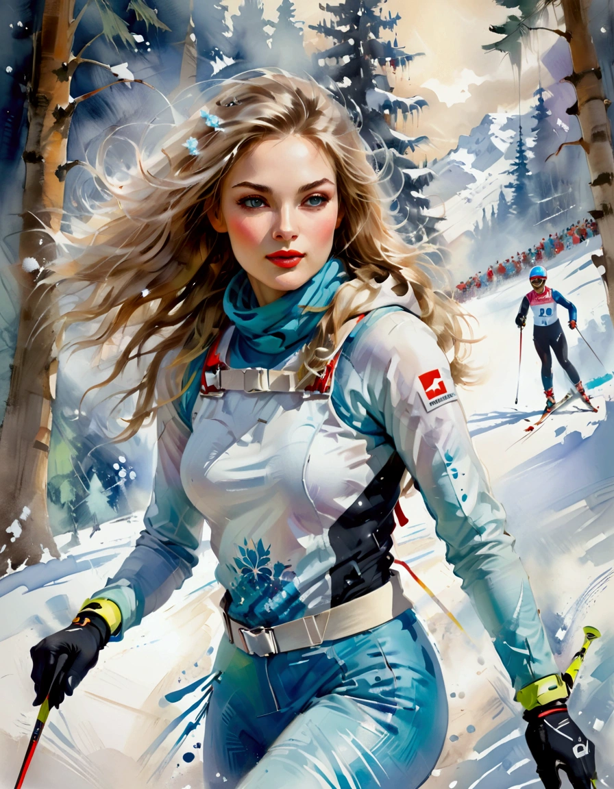 Female model in ski sprint, Horizontal fringe hair, super cute. Skisprint advertisement, Dynamic Motion, high-end fashion illustration, magazine illustration, watercolor illustration style, Women's ski sprint, Motion Blur, Iridescent pastel tones, (tachisme), beauty, Majestic snowy, Undulating, Hilly, fir branches and ornaments, colorful illustration, feminine expression, fashion illustration, created by an illustrator. "13 Jours en France", White Russian Girl, oil and watercolor painting. figurative art, Willem Haenraets Style