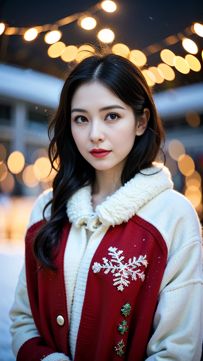 masterpiece, highest quality, 1girl, 30 year old woman, ((Merry Christmas)), surrealism, photorealistic, hyper detailed, highly detailed facial features, beautiful detailed eyes, beautiful detailed lips, extremely detailed face and features, elegant long hair, winter outfit, snow background, Christmas lights, fantasy, magical, warm colors, soft lighting, intricate details, dreamlike, whimsical, festive, cinematic lighting