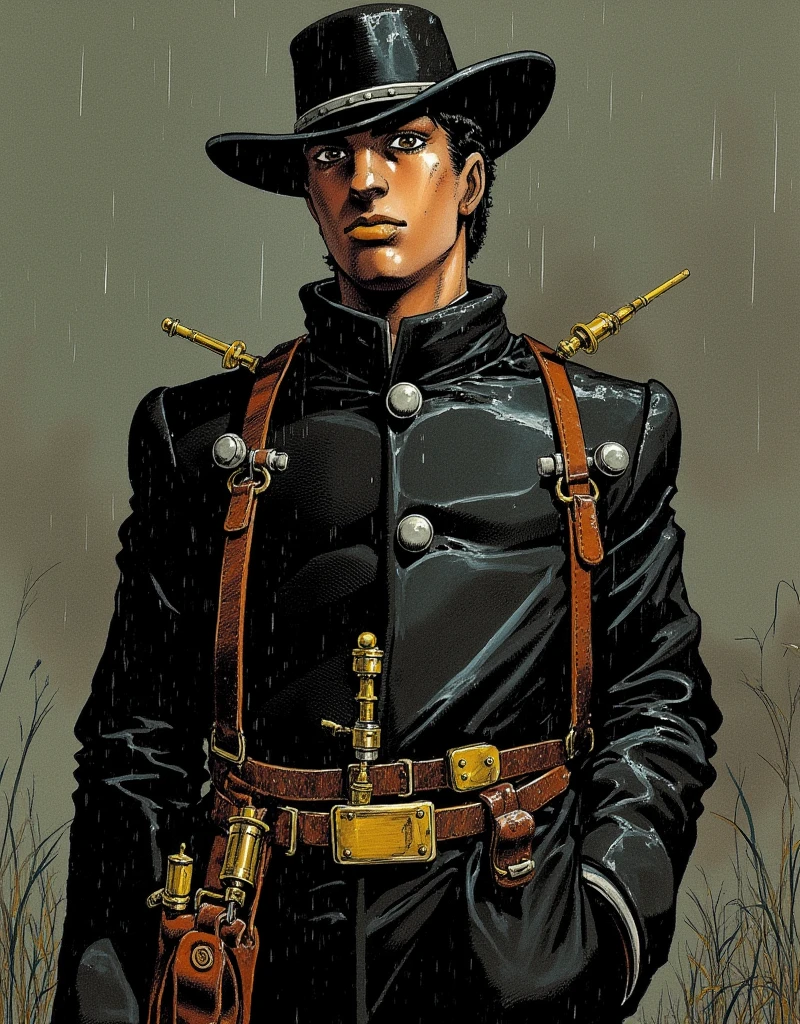 In a strikingly intricate traditional art style reminiscent of Hirohiko Araki, 
Portrait of a stoic frontier tracker in 1890s America: Tall figure wearing a distinctive high-collared black coat, black coat with silver gauges sewn in, rain-measuring hat brim, storm-grey eyes, leather straps with brass instruments, 1890s period details, wet surfaces, stormy natural lighting