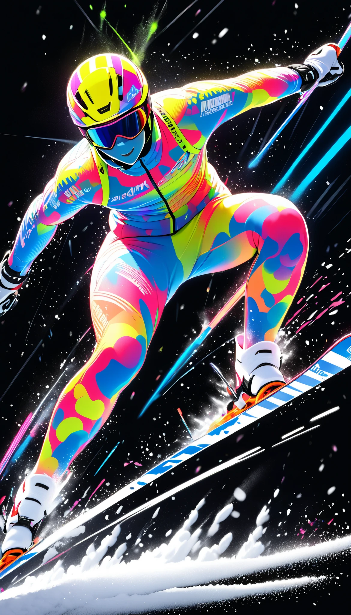  pointillism style art created with powder snow , Dynamic shot, ( slender male athlete ,  I'm skiing,  tight ski wear ,  thrilling attack and defense , sharp turn ,  heavy snow splash soaring from the edge of a ski,  sprint race finals ),  show with only the shine of powder ,  transparent simple neon art , Black background color,  neon glow silhouette ,  sharp shine and sparkle , 