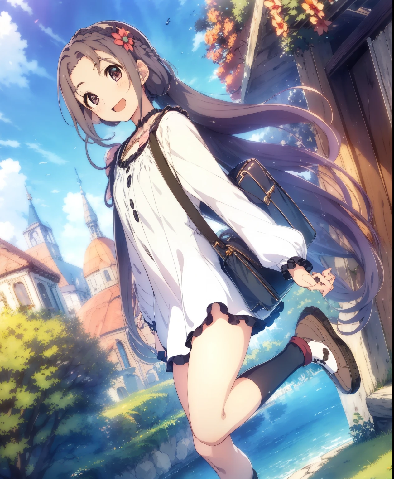 (masterpiece、 top quality、 top quality、 Official Art 、 beautiful and beautiful :1.2)、8-****-***、 cute girl、 1 girl, Aoba Cocoon , Alone, open mouth, smile, Braided Bang , hair clip, :d, , Standing , Long Sleeve , hair flower, shoulder bag, flower, Standing on one leg, Grey Hair, socks, white dress, viewers who stop at the edge, long hair , black shirt , outdoor, whole body, day, Brown footwear, red eyes, handbag , holding , frills, Forehead, brown hair , blue shorts, Raise your hand, Building , gray legwear, white footwear , head tilt , Grey shorts, pink eye, parted bangs, purple eyes, raise your legs, blue sky, masterpiece, top quality