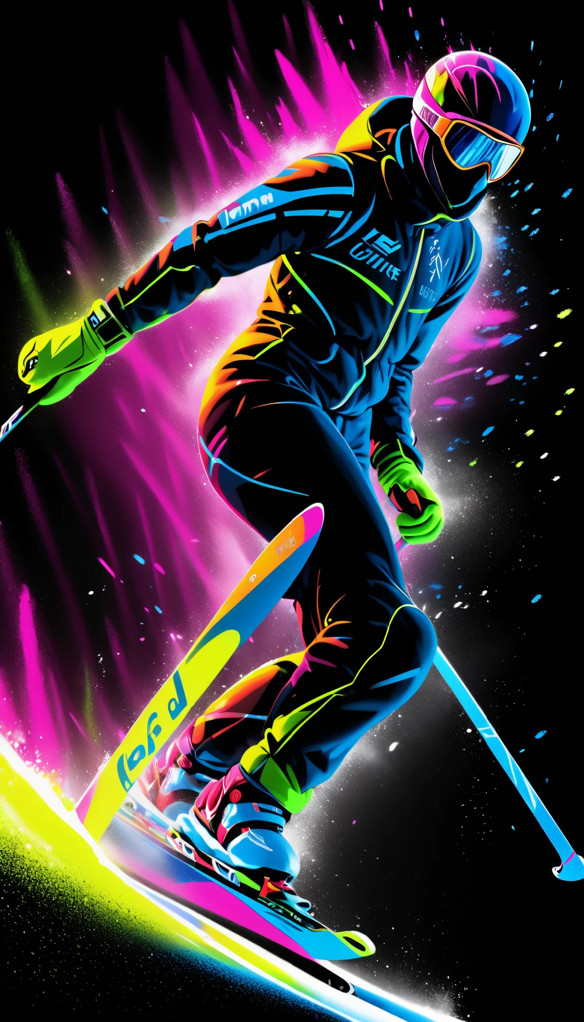  pointillism style art created with powder snow , Dynamic shot, ( slender male athlete ,  I'm skiing,  tight ski wear ,  thrilling attack and defense , sharp turn ,  heavy snow splash soaring from the edge of a ski,  sprint race finals ),  show with only the shine of powder ,  transparent simple neon art , Black background color,  neon glow silhouette ,  sharp shine and sparkle , 