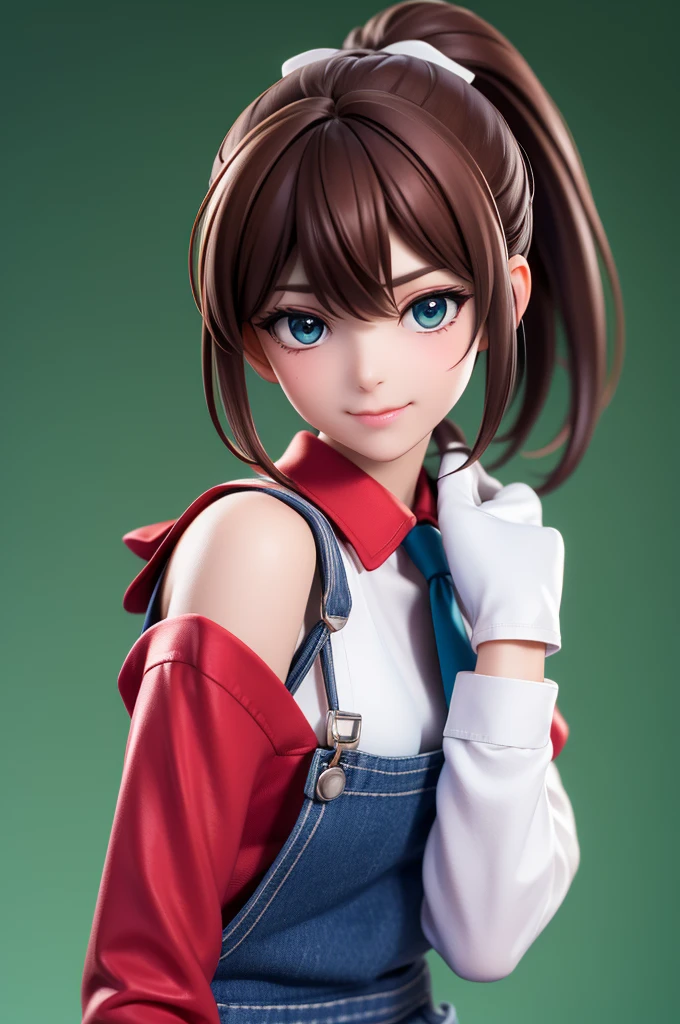 Moody Kawaii style, (3D realism) ((Pluralistic)), (artwork, best quality), intricate details, attractive, alone, 1woman character with ((brown hair)). Her hair is tied back in a ponytail. (A red big bow). ((A red shirt, long sleeves rolled up)). ((dark blue overalls)), ((white gloves)). ((a blue tie)). Her skin is white. minimalis Green background, scene captured in dynamic, cheerful and fun pose, looking at the viewer, 