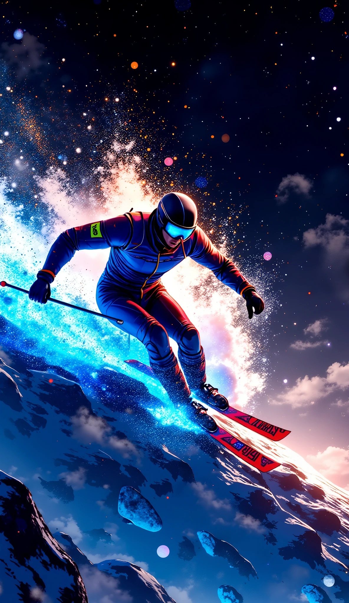  pointillism style art created with powder snow , Dynamic shot, ( slender male athlete ,  I'm skiing,  tight ski wear ,  thrilling attack and defense , sharp turn ,  heavy snow splash soaring from the edge of a ski,  sprint race finals ),  show with only the shine of powder ,  transparent simple neon art , Black background color,  neon glow silhouette ,  sharp shine and sparkle , 