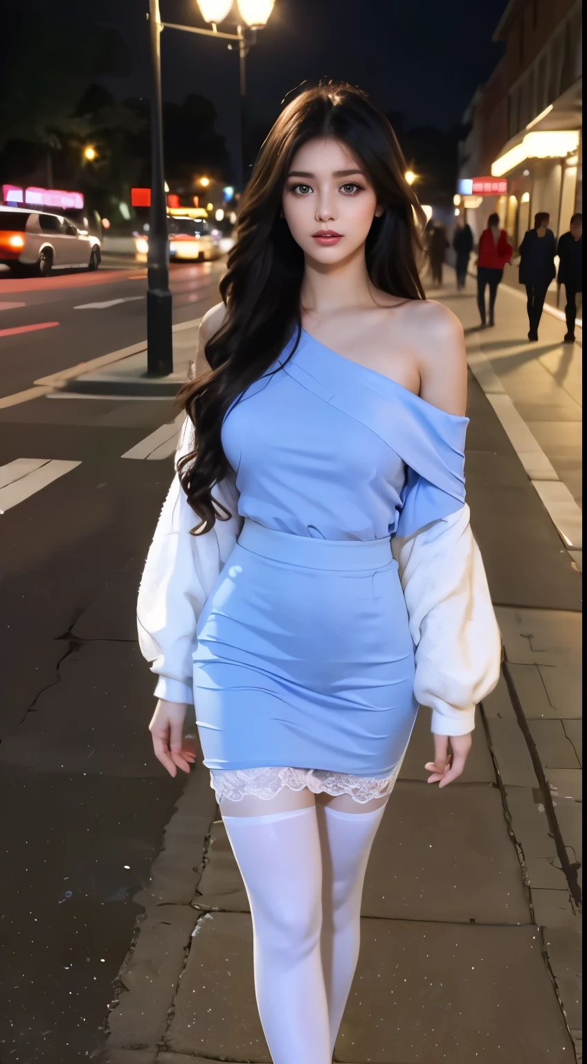 A perfect young female white-collar worker,Chinese big breasts,High picture quality,Works of masters,Black hair,Long hair shawl,Long hair flowing over the shoulders,Beach wave hairstyle,cropped shoulders,clavicle,exquisite face,Hydrated red lips,((Wear colorful and stylish summer sailor suits))(red colour,blue colors,green color,Violet-orange,In pink,yellow,Printed clothing),Kurfo,,Colorful pleated skirt,white stockings,over knee socks,Magic starry sky dress,Lace skirt,Puff sleeve skirt,Tassel elements,Lace paneled elements,Openwork elements,Texture element,Real Human,CG rendering,16k,standing on your feet,Late night under street lights,optic,Dingdall effect,Elegant light and shadow,Do not show your hands,Close-up shot