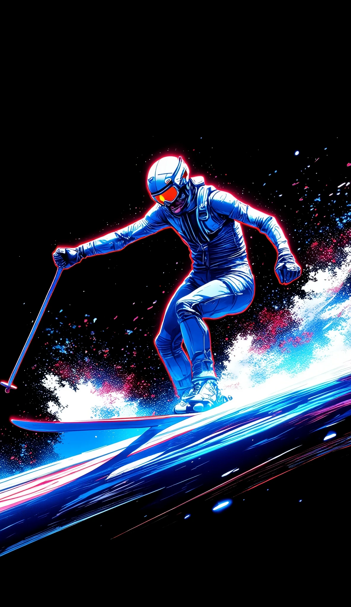  pointillism style art created with powder snow , Dynamic shot, ( slender male athlete ,  I'm skiing,  tight ski wear ,  thrilling attack and defense , sharp turn ,  heavy snow splash soaring from the edge of a ski,  sprint race finals ),  show with only the shine of powder ,  transparent simple neon art , Black background color,  neon glow silhouette ,  sharp shine and sparkle , 