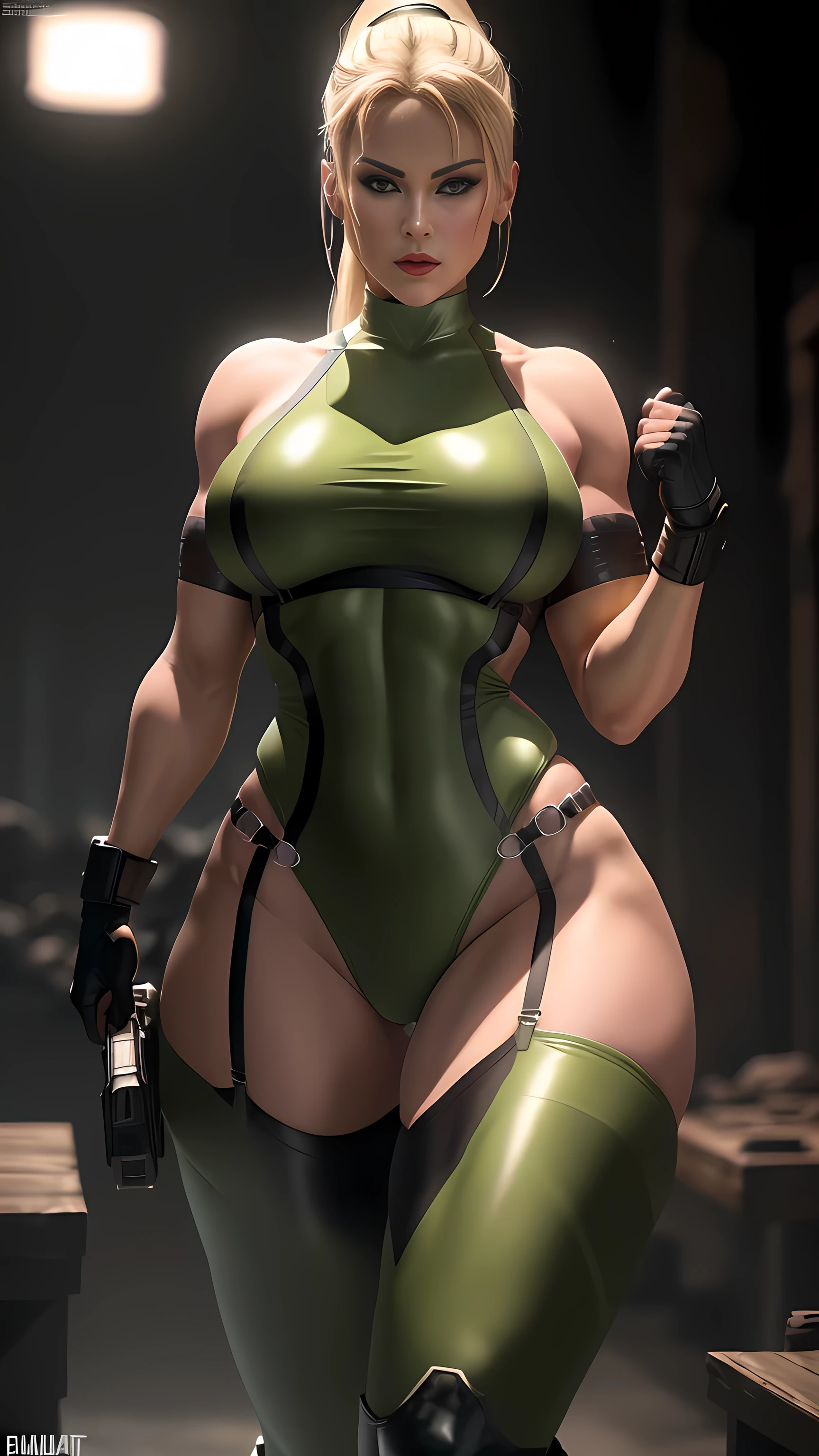 Sonya Blade from Mortal Kombat, red lingerie, full body, dynamic background, big breasts, cameltoe, with beautiful detailed eyes, lips, and face. (best quality,4k,8k,highres,masterpiece:1.2), ultra-detailed, (realistic,photorealistic,photo-realistic:1.37), HDR, UHD, studio lighting. The colors should be vibrant and intense, with a slight greenish tone to represent the iconic Mortal Kombat aesthetic. The lighting should emphasize her features, casting strong and dramatic shadows on her face.