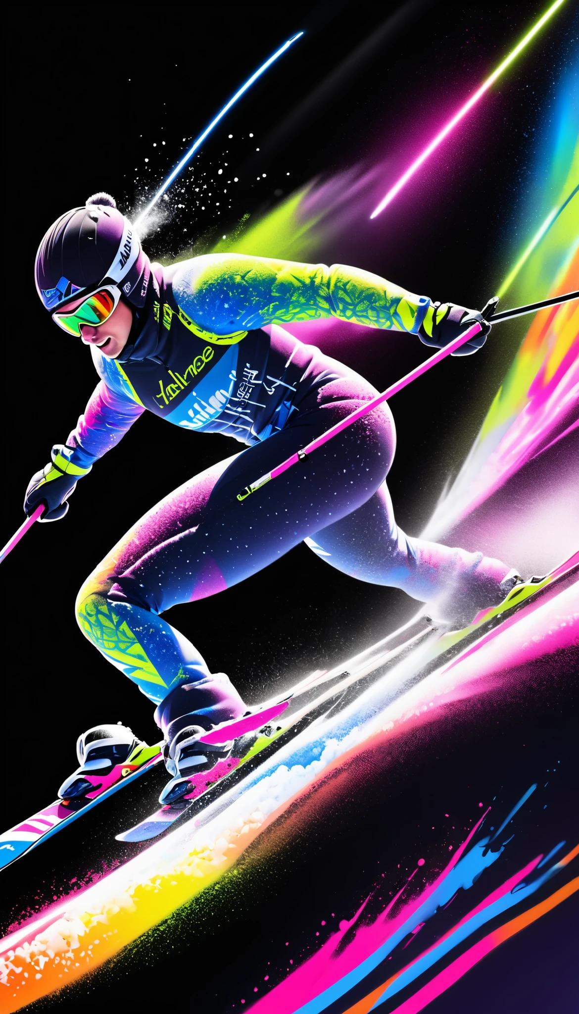  pointillism style art created with powder snow , Dynamic shot, ( slender male athlete ,  I'm skiing,  tight ski wear ,  thrilling attack and defense , sharp turn ,  heavy snow splash soaring from the edge of a ski,  sprint race finals ),  show with only the shine of powder ,  transparent simple neon art , Black background color,  neon glow silhouette ,  sharp shine and sparkle , 