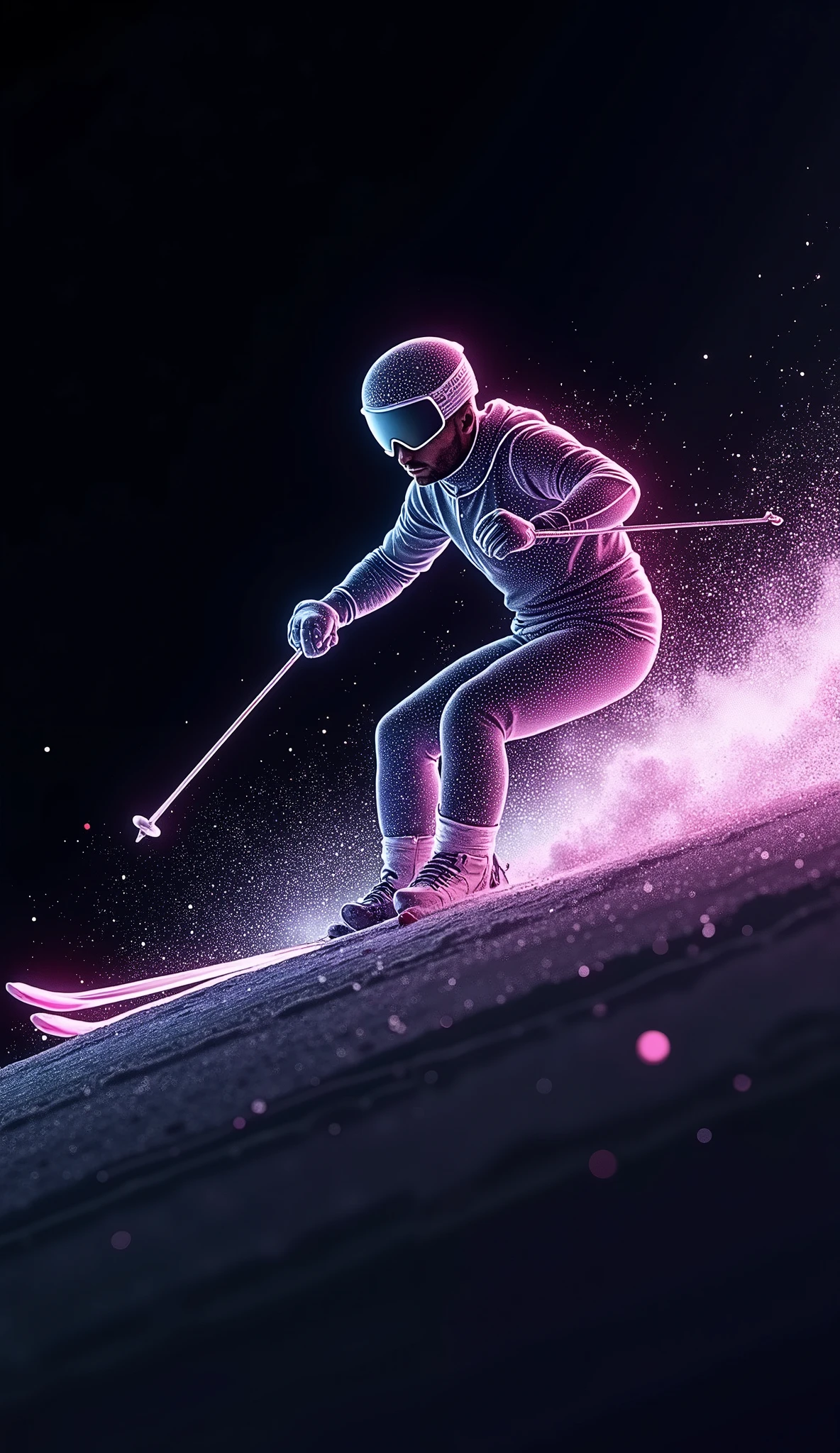  pointillism style art created with powder snow , Dynamic shot, ( slender male athlete ,  I'm skiing,  tight ski wear ,  thrilling attack and defense , sharp turn ,  heavy snow splash soaring from the edge of a ski,  sprint race finals ),  show with only the shine of powder ,  transparent simple neon art , Black background color,  neon glow silhouette ,  sharp shine and sparkle , 