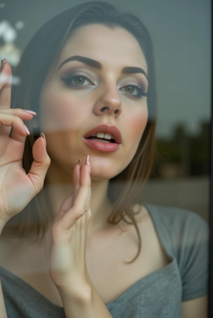 Woman, lips on glass, lips pressed to glass 