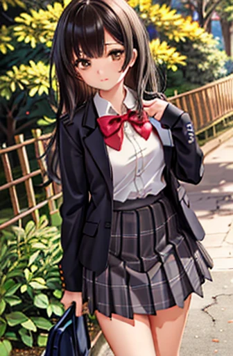 Ogiwara-san is sad,  1 girl, Alone,  school uniform,  Long Sleeve , Skirt Grey, , ( absurd), ( high definition ),  viewers who stop at the edge, Walking in the park, ( highly detailed CG unity 8k wallpaper,masterpiece,  top quality,  ultra detailed ),  nudes、 black hair long hair , big breasts