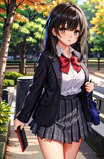 Ogiwara-san is sad,  1 girl, Alone,  school uniform,  Long Sleeve , Skirt Grey, , ( absurd), ( high definition ),  viewers who stop at the edge, Walking in the park, ( highly detailed CG unity 8k wallpaper,masterpiece,  top quality,  ultra detailed ),  nudes、 black hair long hair , big breasts