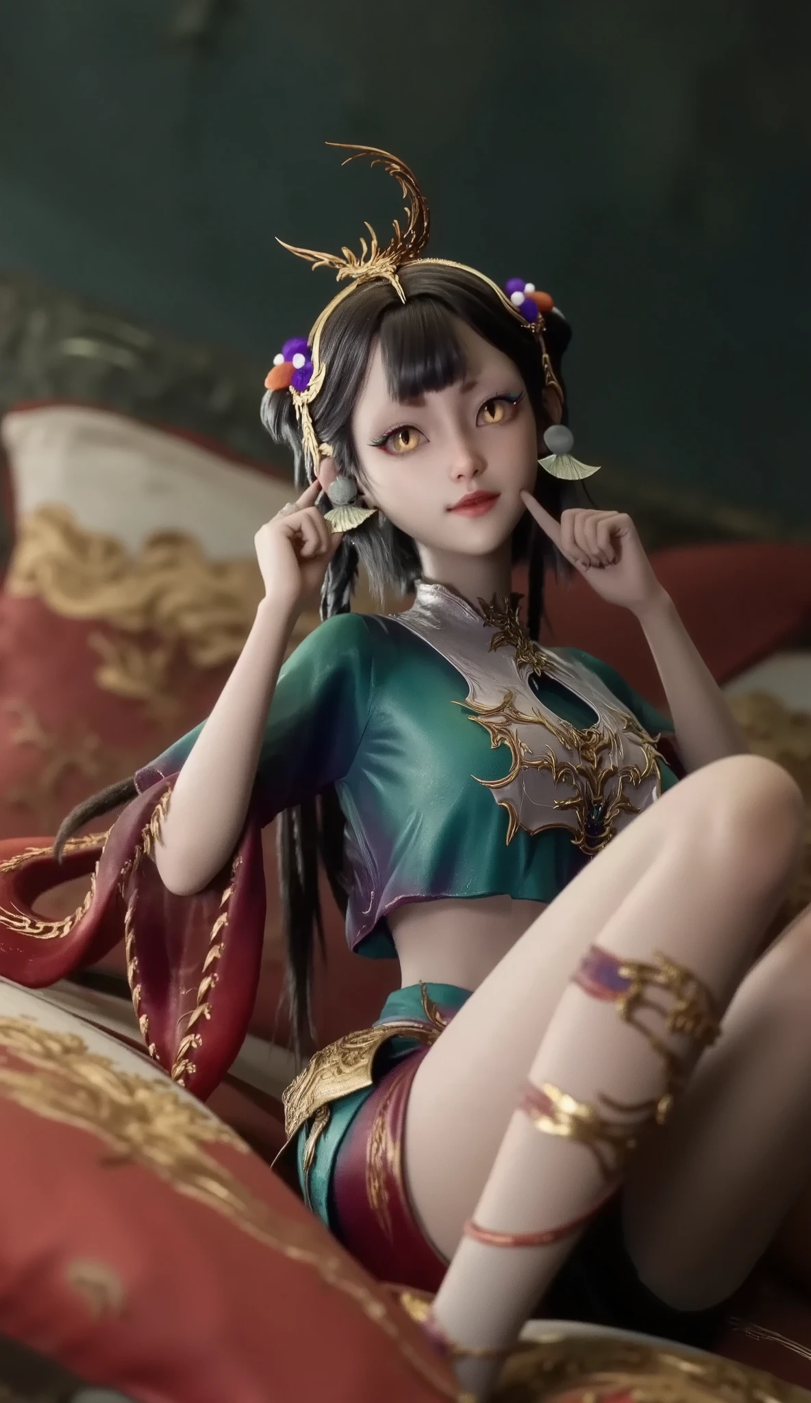 melhor qualidade, obra-prima, highres, (corpo requintado: 1.5), rosto lindo, (pele leitosa: 1.3), detalhes intrincados, alta resolução, papel de parede, 1menina, solo, vestido, ornamento de cabelo, (((vestido dourado e vermelho))), flores, cabelo longo, cabelo castanho, boca fechada, joias, mangas longas, hand up, mangas largas, um rosto mais detalhado,, olhos grandes, cabelo flutuante, roupas chinesas, hanfu, bordado, saia longa, pose natural, petals falling, interior, fanning, lanterna, 16K, HDR, highres, campo de profundidade, (grain of film: 1.1), boken, hora dourada, (lens flare), vinheta, rainbowart, (color classification: 1.5)