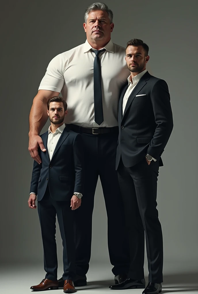 A very very tall muscular man between two very short men looking at him and afraid of him