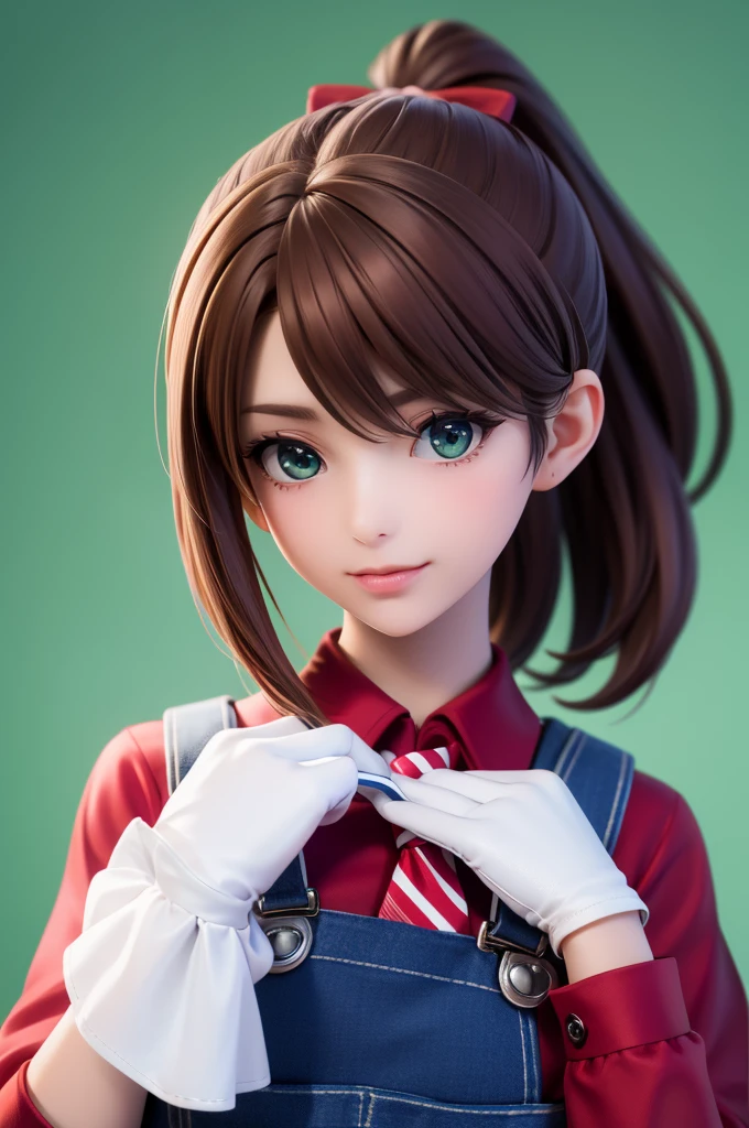 Moody Kawaii style, (3D realism) ((Pluralistic)), (artwork, best quality), intricate details, attractive, alone, 1woman character with ((brown hair)). Her hair is tied back in a ponytail. (A red big bow). ((A red shirt, long sleeves rolled up)). ((dark blue overalls)), ((white gloves)). ((a blue tie)). Her skin is white. minimalis Green background, scene captured in dynamic, cheerful and fun pose, looking at the viewer, 