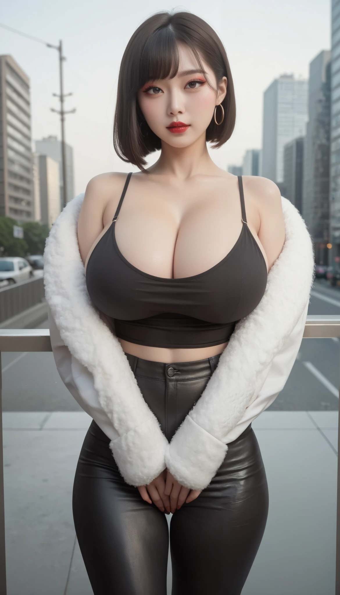 (  ultra high definition :1.3) (Huge breasts:1.2),   beautiful Korean girl,  city,  dark hair,   strong thighs , Skinny waist ,  wide hips, (sagging breasts:0.3), short hairstyle, pretty eyes, Stunningly prominent features,  Sharp Jawline ,  small face ,  eyeliner , Red lips ,  blush makeup  (Beautiful Korean girl in thick winter clothes ),  black long leather pants, (Black clothes)