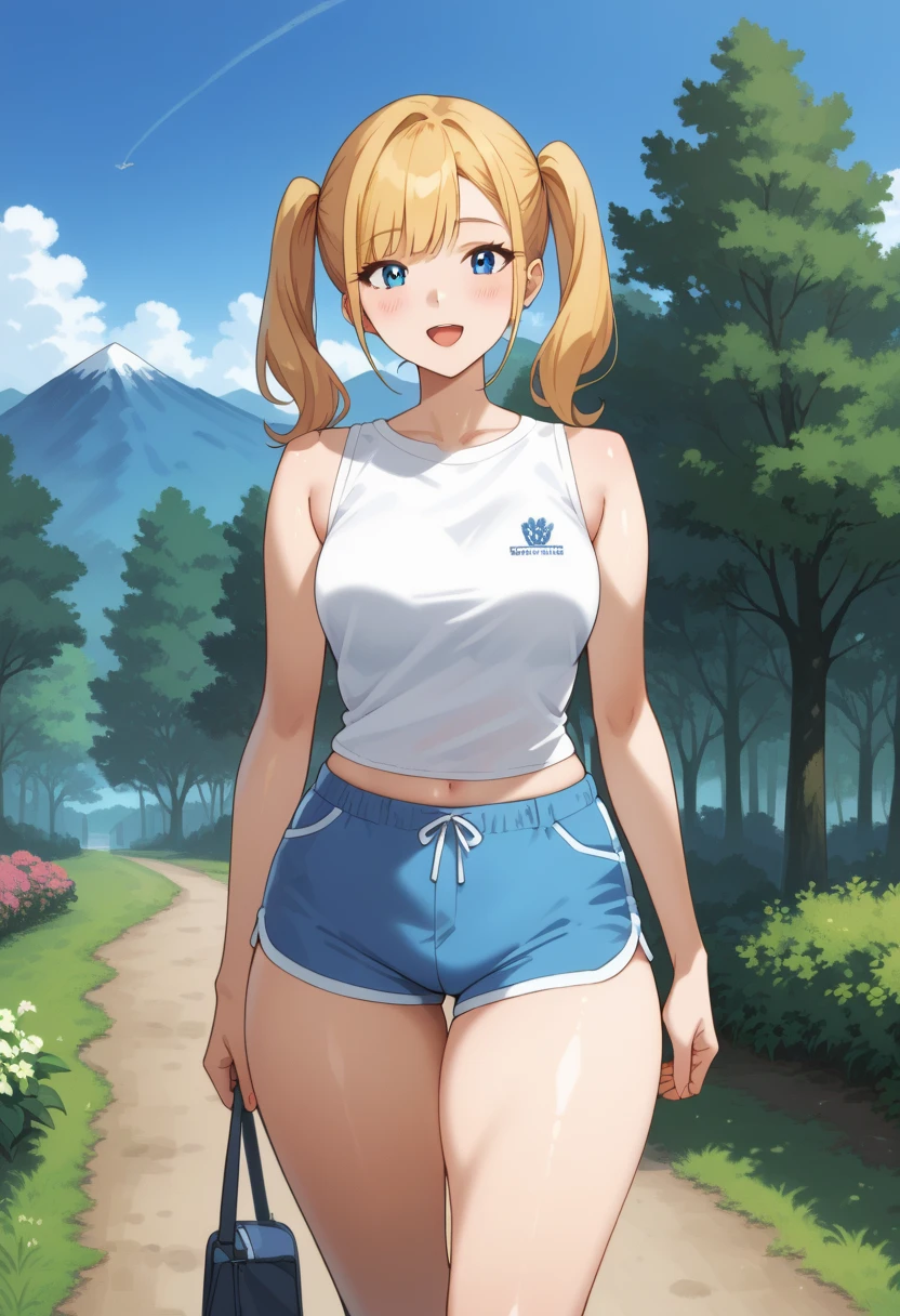 score_9, score_8_consolation, score_7_consolation, source_ Japanese cartoon movie, Perfect quality, perfect anatomy , masterpiece, top quality , masterpiece, ultra detail, ( huge boobs), ( wide hips, thick thighs, gaining weight ), outdoors, tree, mountain, plant, Blonde hair, twintails, blue eyes, gray workwear , white shirt , Sleeveless, blue shorts , Split