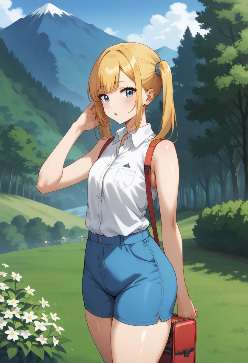 score_9, score_8_consolation, score_7_consolation, source_ Japanese cartoon movie, Perfect quality, perfect anatomy , masterpiece, top quality , masterpiece, ultra detail, ( huge boobs), ( wide hips, thick thighs, gaining weight ), outdoors, tree, mountain, plant, Blonde hair, twintails, blue eyes, gray workwear , white shirt , Sleeveless, blue shorts , Split