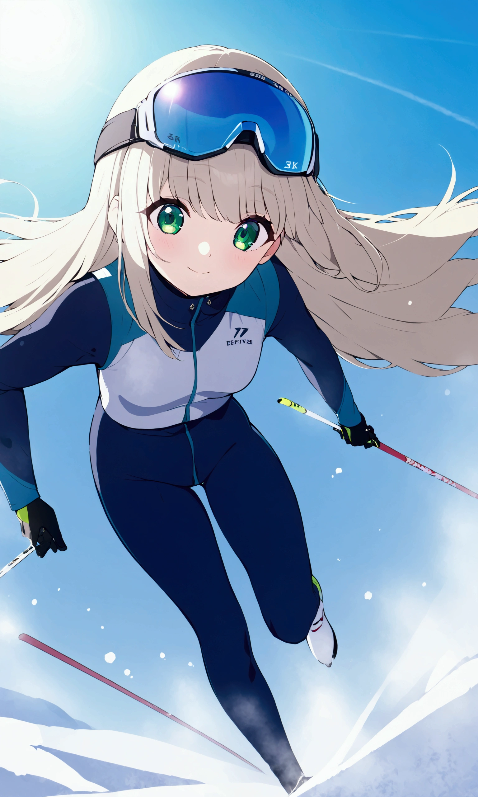 top quality、8k、Representative Works:1.3、 girl、1 person、1 personで、 petite and glamorous body 、curve、 cute、She smiles quietly 、Beautiful long platinum blonde hair fluttering in the wind、 beautiful emerald green eyes 、 ski sprint, skier,Running up a snowy slope , Low Angle Shot ,