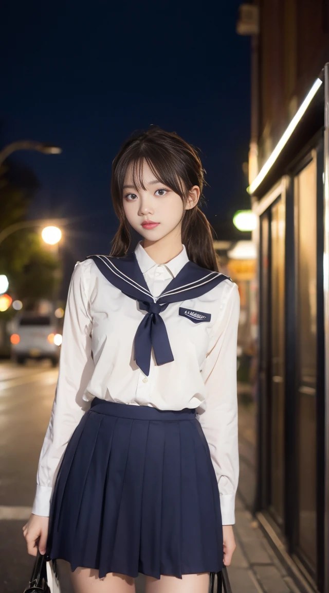 top quality,more detail,,1 girl,pale skin,brown hair,long hair,ponytail,school uniform,sailor uniform,standing,expressionless,street,night