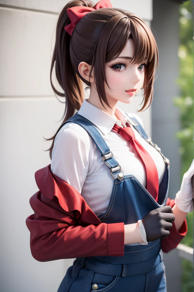 Moody Kawaii style, (3D realism) ((Pluralistic)), (artwork, best quality), intricate details, attractive, alone, 1woman character with ((brown hair)). Her hair is tied back in a ponytail. (A red big bow). ((A red shirt, long sleeves rolled up)). ((dark blue overalls)), ((white gloves)). ((a blue tie)). Her skin is white. minimalis Green background, scene captured in dynamic, cheerful and fun pose, looking at the viewer, 