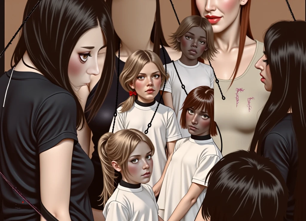 Norman Rockwell style illustration of pert, nubile, thin teen girls with 50s style blonde hair, topless, bare breasts, pink nipples , puffy nipples, exposed nipples , wearing bondage straps, wearing black dresses, plunging neck lines, open front, iridescent eye shadow, hip harness