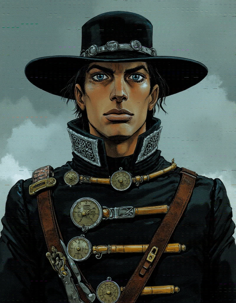 In a strikingly intricate traditional art style reminiscent of Hirohiko Araki, 
Portrait of a stoic frontier tracker in 1890s America: Tall figure wearing a distinctive high-collared black coat, black coat with silver gauges sewn in, rain-measuring hat brim, storm-grey eyes, leather straps with brass instruments, 1890s period details, wet surfaces, stormy natural lighting, tanned skin, brown skin, blue lips, blue lips color, blue eyes, eyeshadow