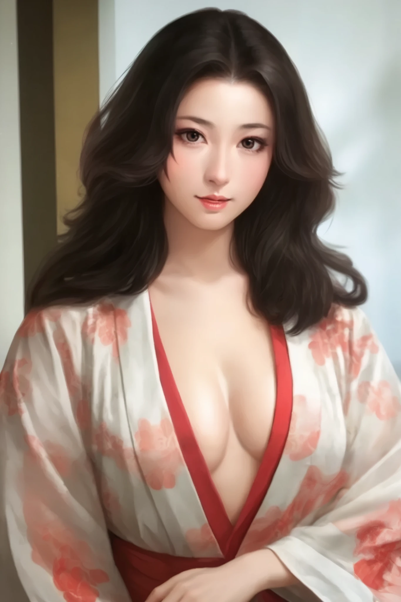   beautiful woman、Old-fashioned Japanese-style room in the morning 、   upper body only、The light in your eyes、 curly eyes  、Two-dimensional elements  、Glamorous face 、 fun face、  black wave long hair 、  big eyes、  low angle、 Big Breasts 、Wear a thin white kimono、  Beautiful breasts 、 attractive breasts、 open chest 、  put red blush around the eyes