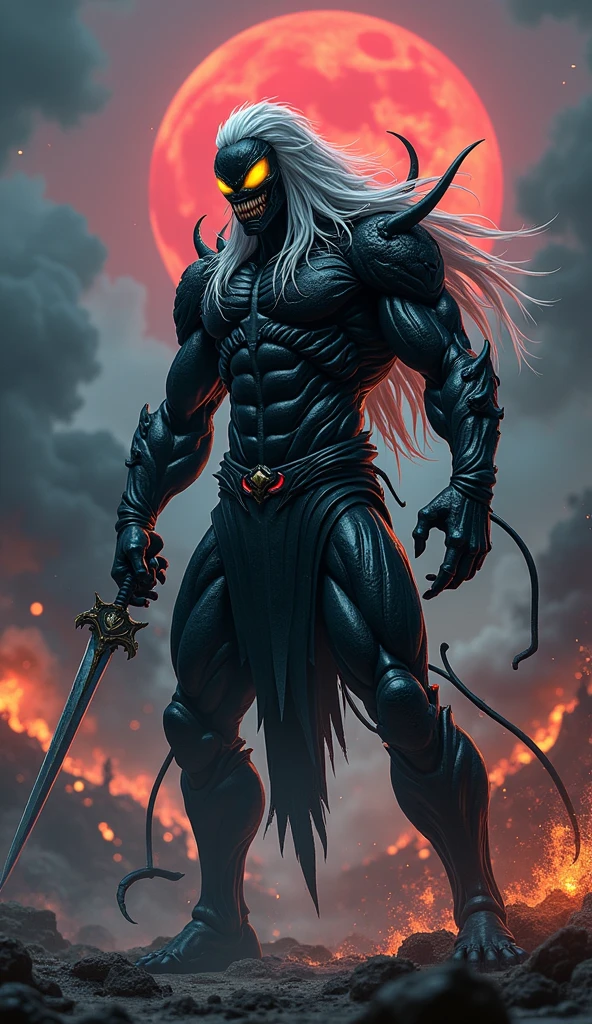 Demon with white hair in the form of a dragon with a man&#39;s body with a red katana 