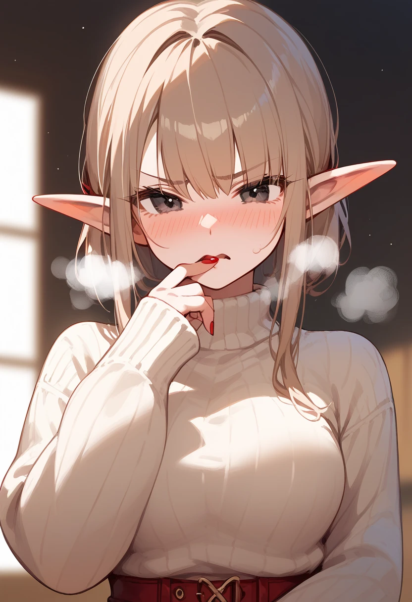 girl,Elf, light brown hair , in black eyes,  Medium Breasts ,,cute,girl ม.end,Light brown sweater with long sleeves and closed sleeves,girlเกล,Red nails,Bangs covering the eyes,Red cheeks, Tsundere,Breathe ,