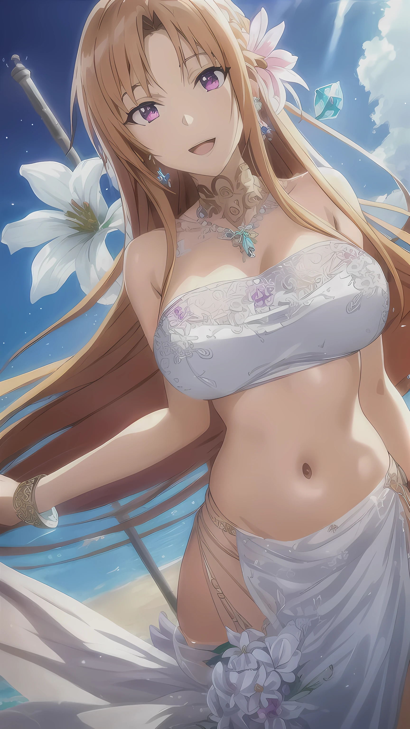 asuna, long_hair, breasts, 1girl, solo, breasts, smile, open mouth, jewelry, flower, earrings, midriff, , necklace, , bracelet, wearing see trough dress, white flower, gem, holding flower, multi-tied hair, (realism), (masterpiece:1.2), (best quality), (ultra detailed), (8k, 4k, intricate),(full-body-shot:1), (85mm),light particles, lighting, (highly detailed:1.2),(detailed face:1.2), (gradients), nsfw, colorful,(detailed eyes:1.2)(detailed background),detailed landscape, (dynamic angle:1.2), (dynamic pose:1.2), (rule of third_composition:1.3), (Line of action:1.2)