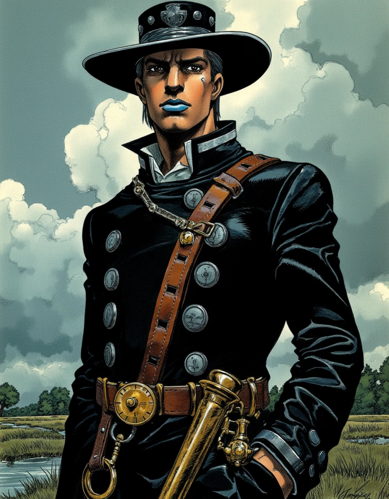 In a strikingly intricate traditional art style reminiscent of Hirohiko Araki, 
Portrait of a stoic frontier tracker in 1890s America: Tall figure wearing a distinctive high-collared black coat, black coat with silver gauges sewn in, rain-measuring hat brim, storm-grey eyes, leather straps with brass instruments, 1890s period details, wet surfaces, stormy natural lighting, tanned skin, brown skin, blue lips, blue lips color, blue eyes, eyeshadow, blue skin, Hirohiko Araki, Jojo