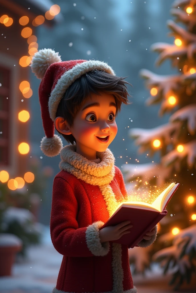 A boy with a book and a Christmas hat, and 3d