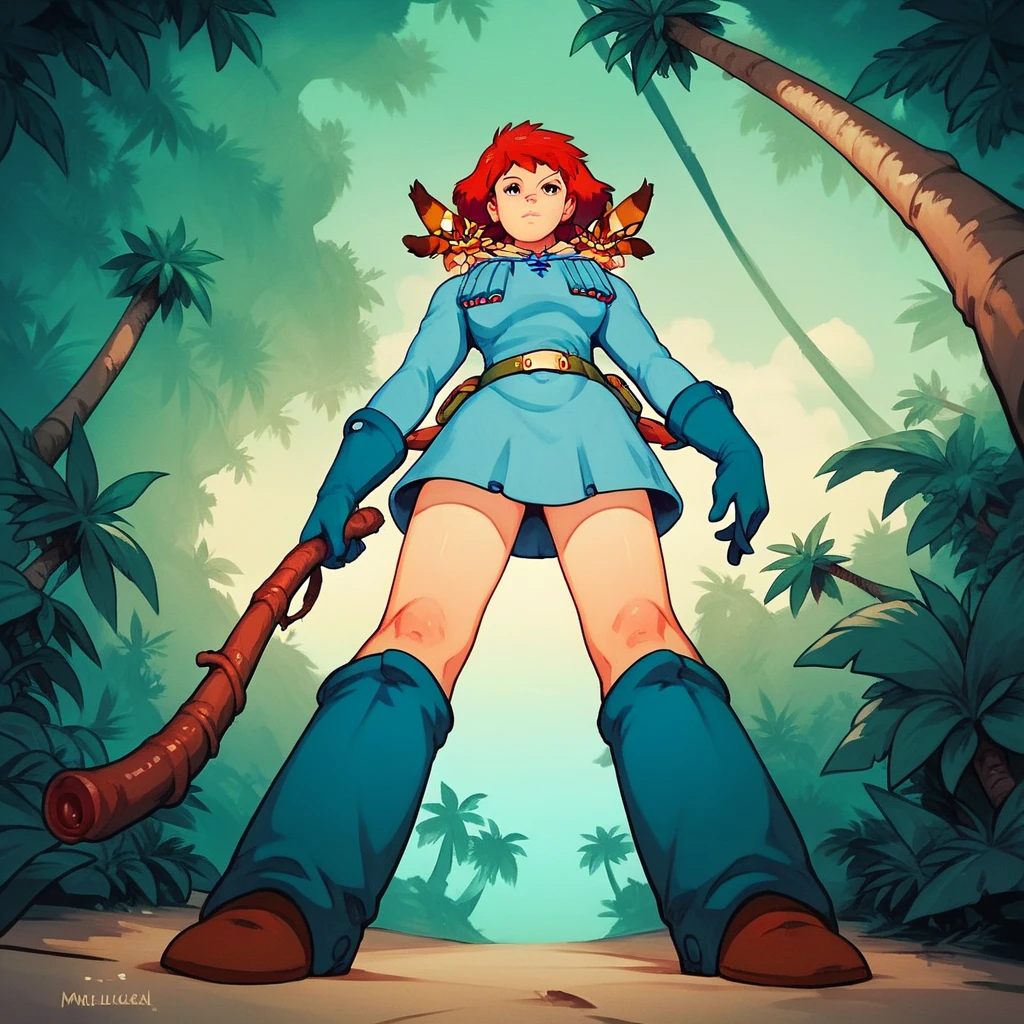 score_9, score_8_up, score_7_up, score_6_up, score_5_up,    Nausicaa,  1 girl, Red Hair,  short hair,  Standing , Alone, uniform,  boots,  gloves,  Jungle ,(worm view:1.3)