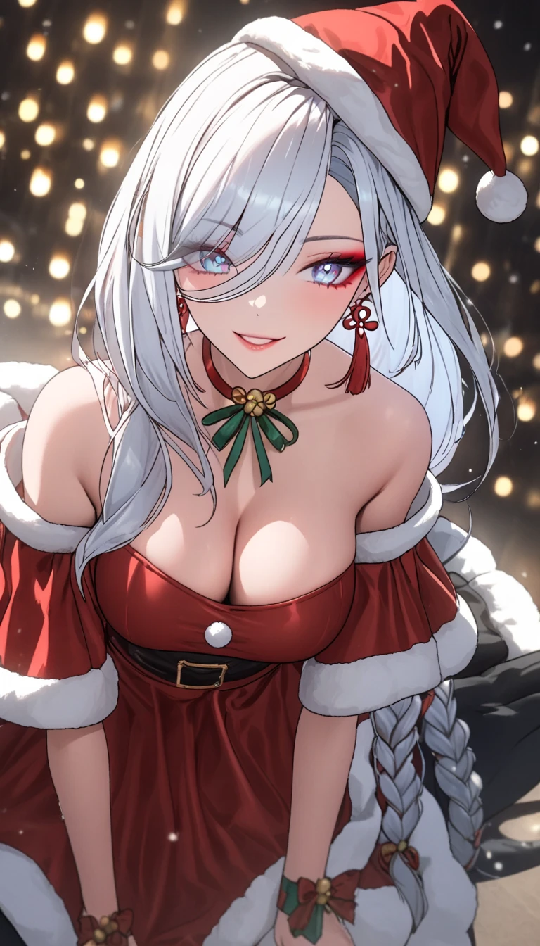 a woman wearing a santa claus costume, christmas dress, red dress, santa claus hat, thigh high black stockings, seductive smile , Beautiful flirtatiously smiling, focused on the viewer, off the shoulders, kneeling on the floor,best quality,4k,christmas,festive,holiday,winter,warm,cozy,magical,whimsical,joyful,vibrant colors,glowing lights,cinematic lighting,solo, big breasts, dynamic angle, cleavage ,mature female, shenhe, blue eyes, braided ponytail, earrings, eyelashes, eyeliner, eyes visible through hair, eyeshadow, hair between eyes, makeup, red eyeshadow, sidelocks, single earring, symbol-shaped pupils, tassel, tassel earrings, white hair, long hair, full body shot, (negative_v2 Color_Balance_Calibration:0.8), unaestheticXL_cbp62 , negativeXL_D, aidxlv05_neg, dynamic pose
