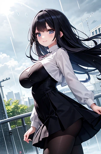 ((masterpiece、Highest quality、Very detailed))、One Girl、Black Hair、Long Hair、Twin tails、Blunt bangs、Pink Eyes、Wicked Smile、((Grin))、(Lots of earrings))、Large 、jirai fashion、((Pink blouse))、Frills、Long sleeve、((Black pleated skirt))、((Black knee socks))、((Skirt flip))、ack panties))、Chot、((Night downtown background))